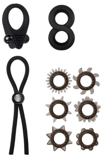 Adam & Eve Adam's Deluxe Penis Ring Sampler - Black/smoke