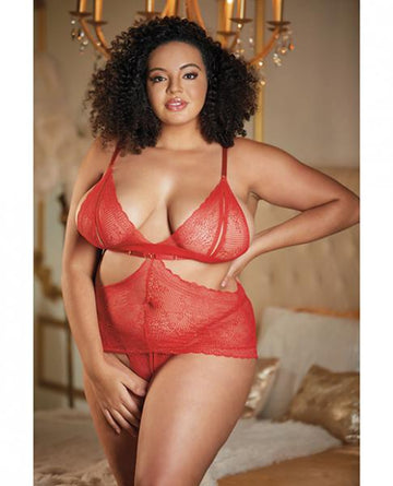 Allure Lace Peek A Boo Chemise & Ouverte G-string Red Qn