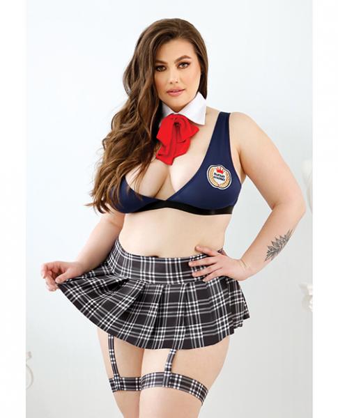 Play Learning Curves Bowtie, Top, Gartered Skirt, G-string Blue 1x/2x