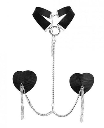 Nipplicious Dominatrix Leather Collar & Pasties W/chain - Black