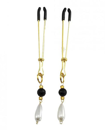 Bijoux De Nip Tweezer Nipple Clamp W/black & Gold Beads W/pearl - Gold