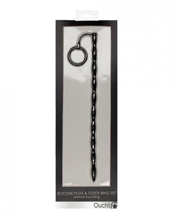 Shots Ouch Urethral Sounding Silicone Plug & Cock Ring Set - Black