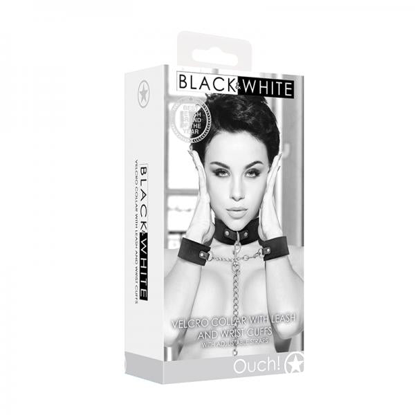 Ouch! Black & White Velcro Collar With Leash And Wrist Cuffs With Adjustable Straps Black