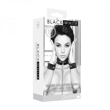 Ouch! Black & White Velcro Collar With Leash And Wrist Cuffs With Adjustable Straps Black