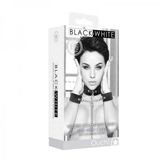Ouch! Black & White Velcro Collar With Leash And Wrist Cuffs With Adjustable Straps Black