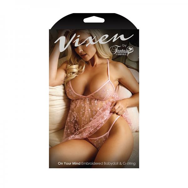 Vixen On Your Mind Embroidered Sheer Mesh Babydoll & G-string Panty Light Pink L/xl