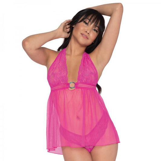 Dreamgirl Simply Sexy Scalloped Stretch Lace & Mesh Halter T-back Babydoll Pink Os