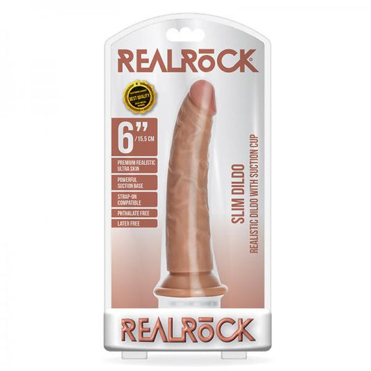 Realrock Slim Realistic Dildo With Suction Cup 6 In. Caramel