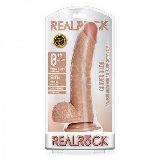 Realrock Curved Realistic Dildo With Balls And Suction Cup 8 In. Tan