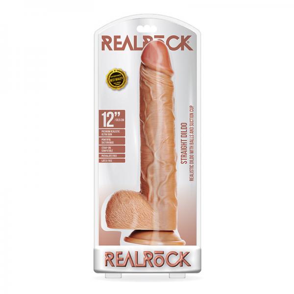 Realrock Straight Realistic Dildo With Balls And Suction Cup 12 In. Tan