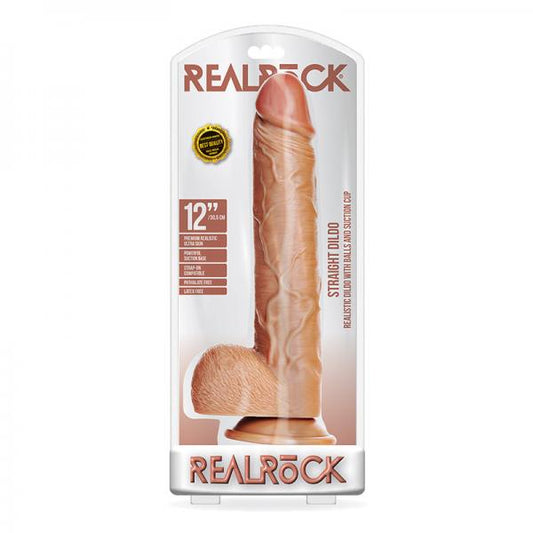 Realrock Straight Realistic Dildo With Balls And Suction Cup 12 In. Tan