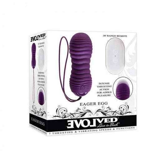 Evolved Eager Egg Rechargeable Remote-controlled Thrusting Silicone Vibrator Purple