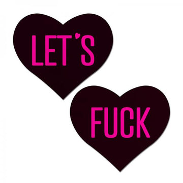 Pastease Love: 'let's Fuck' Black Heart On Neon Pink Base Nipple Pasties