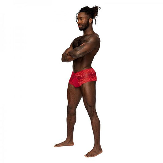Male Power Sassy Lace Mini Short Sheer Pouch Red Xl
